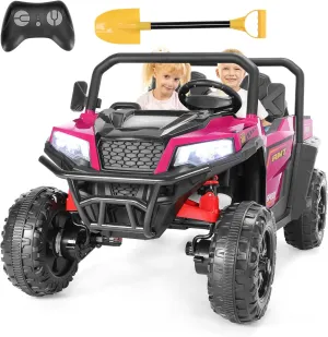 2 Seater Ride On UTV Car, 24V Kids Electric Dump Truck w/Remote Control, Dump Bed, 4x200W Motors, 4WD/2WD Switch, Max 5 MPH, 20" Seat, Bluetooth, Battery Powered Cars for Kids to Drive (Pink)