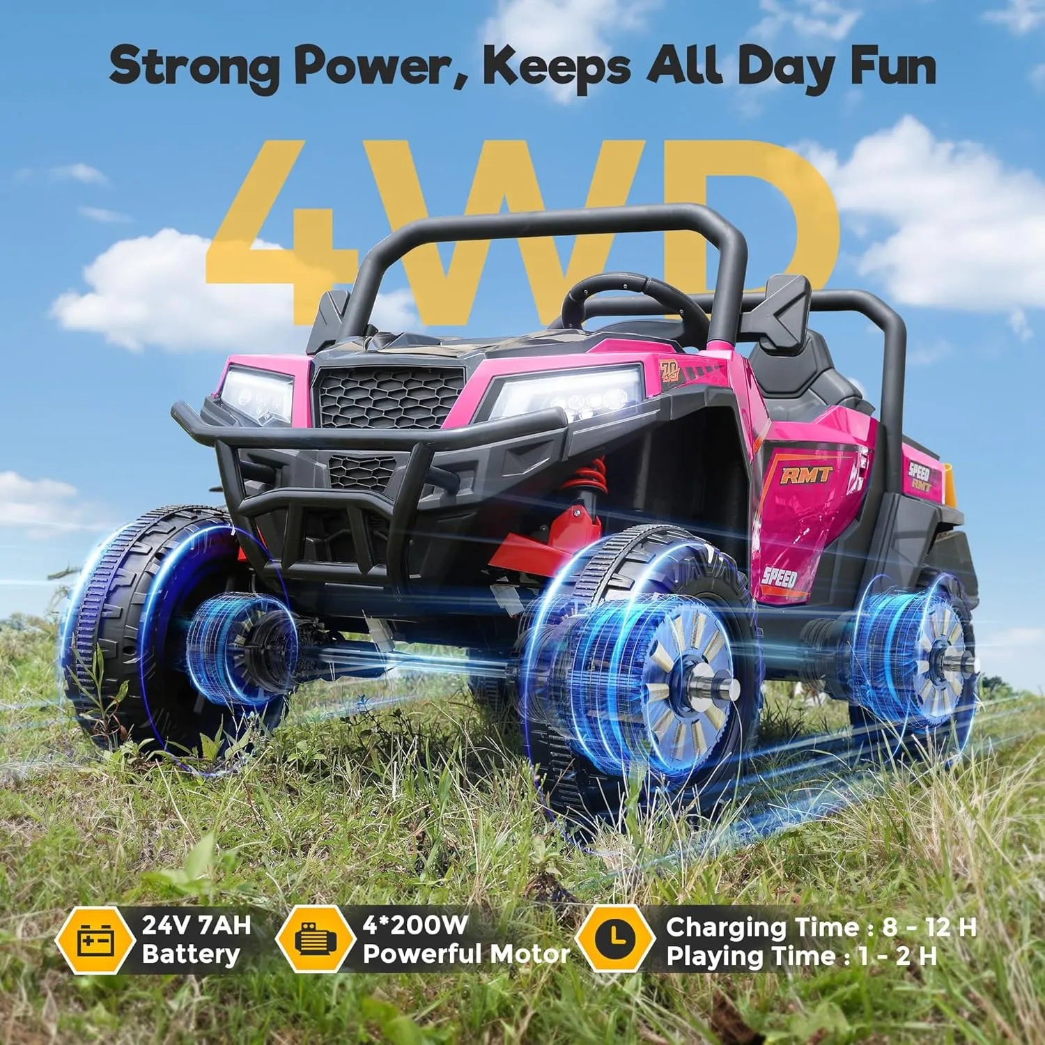 2 Seater Ride On UTV Car, 24V Kids Electric Dump Truck w/Remote Control, Dump Bed, 4x200W Motors, 4WD/2WD Switch, Max 5 MPH, 20" Seat, Bluetooth, Battery Powered Cars for Kids to Drive (Pink)
