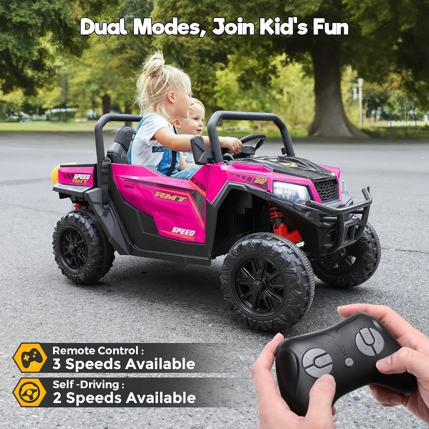 2 Seater Ride On UTV Car, 24V Kids Electric Dump Truck w/Remote Control, Dump Bed, 4x200W Motors, 4WD/2WD Switch, Max 5 MPH, 20" Seat, Bluetooth, Battery Powered Cars for Kids to Drive (Pink)