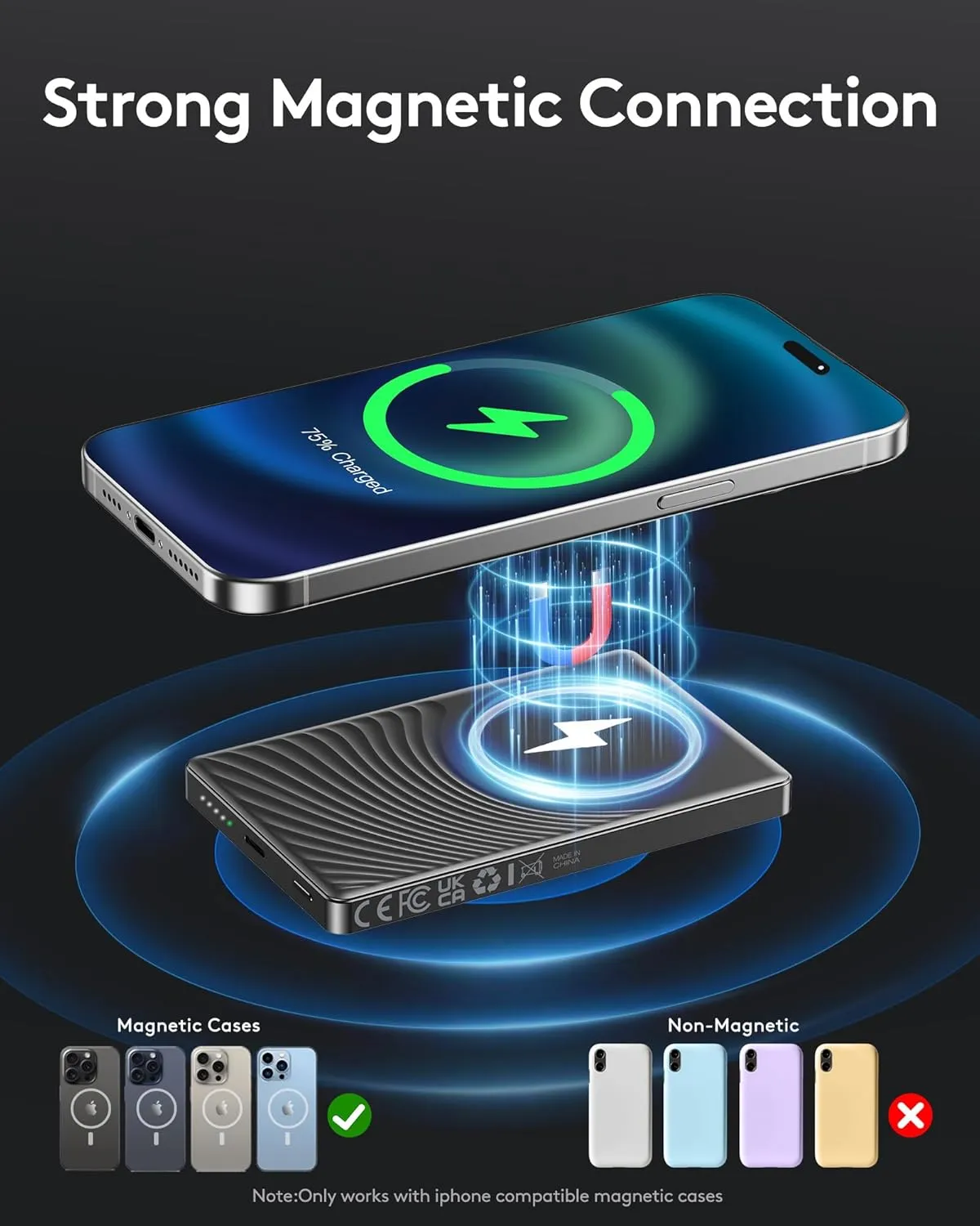 2025 for iPhone Magsafe Battery Pack, Ultra Slim Magnetic Power Bank Fast Charging, Wireless Portable Charger 10000mAh, 20W Powerbank Compatible with iPhone 16/15/14/13/12 Series, Metallic Black