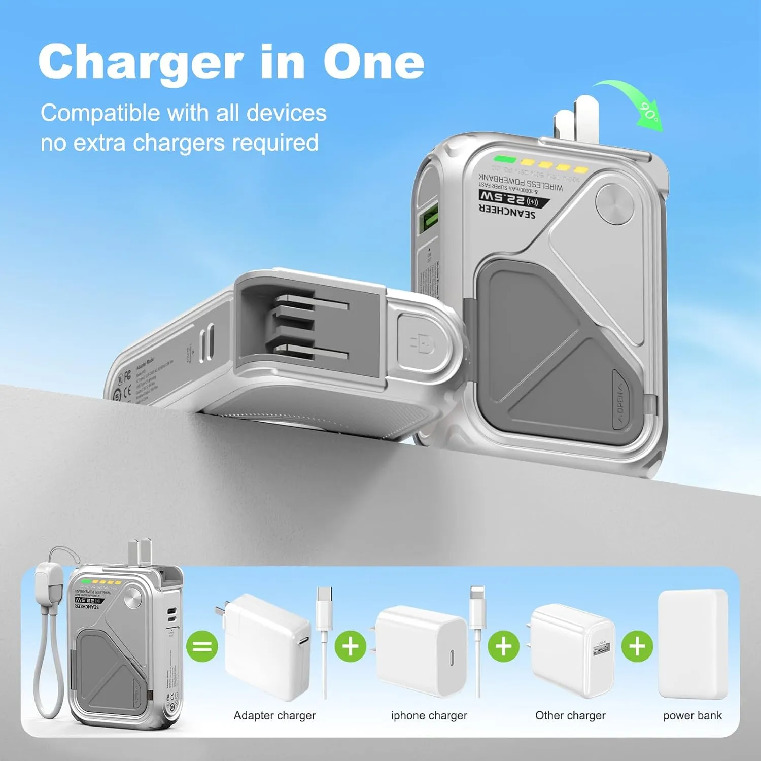 2025 Latest P05 Magnetic Wireless Power Bank with Foldable Wall Plug,10000mAh Portable Charger With Cable USB A and USB C,Mag safe Battery Pack 22.5W Fast Charging Travel Essentials（Metal Material）