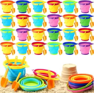 24 Pcs Summer Foldable Pail Bucket with Shovels 2.5 L Collapsible Sand Bucket Foldable Beach Toys Multipurpose Colorful Beach Bucket for Beach Party Outdoor Activity (Multicolor)