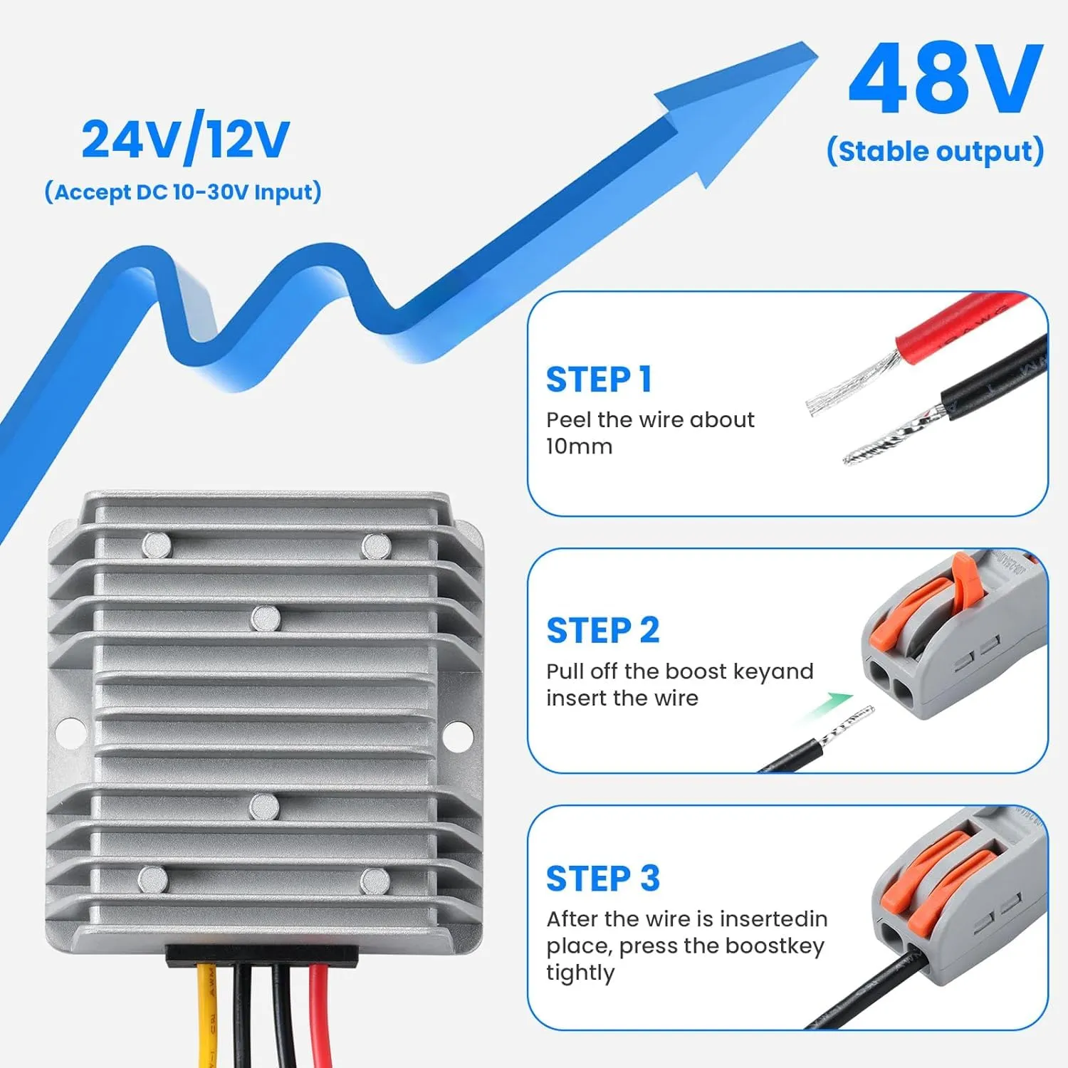 240W DC-DC Boost Converter 10-30V to 48V 5A, Waterproof Voltage Step-Up Module 12V/24V for Truck, RV, Solar Panel, Golf Cart, Marine, Off-Grid System, High Power Automotive Voltage Regulator
