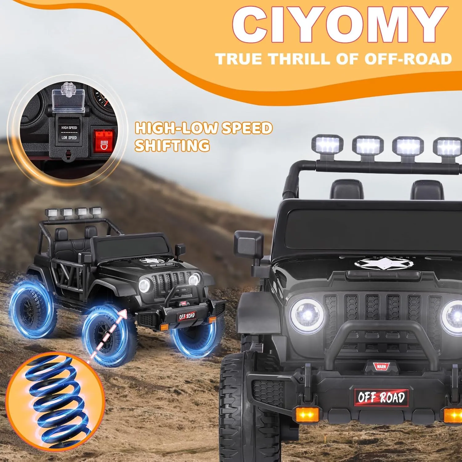 24V Electric Ride On Car -6.0mph Ride on Off-Road Trunk Toy with Full LED Light/Music, Dual Pedals, 3 Speeds, Parent Remote Control - Safe 132 Lbs Capacity Gift for Boys & Girls Age 3-8 Years