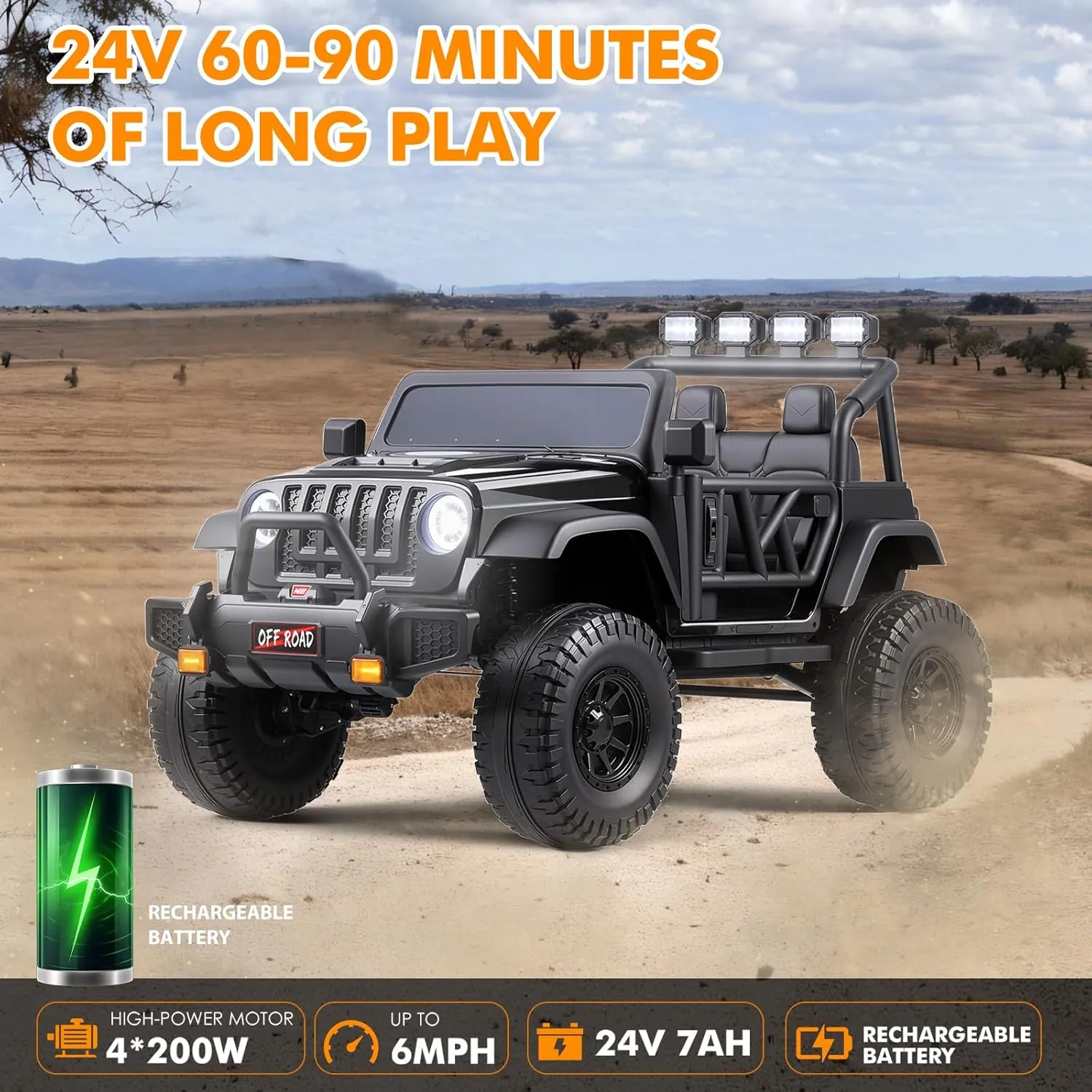 24V Electric Ride On Car -6.0mph Ride on Off-Road Trunk Toy with Full LED Light/Music, Dual Pedals, 3 Speeds, Parent Remote Control - Safe 132 Lbs Capacity Gift for Boys & Girls Age 3-8 Years