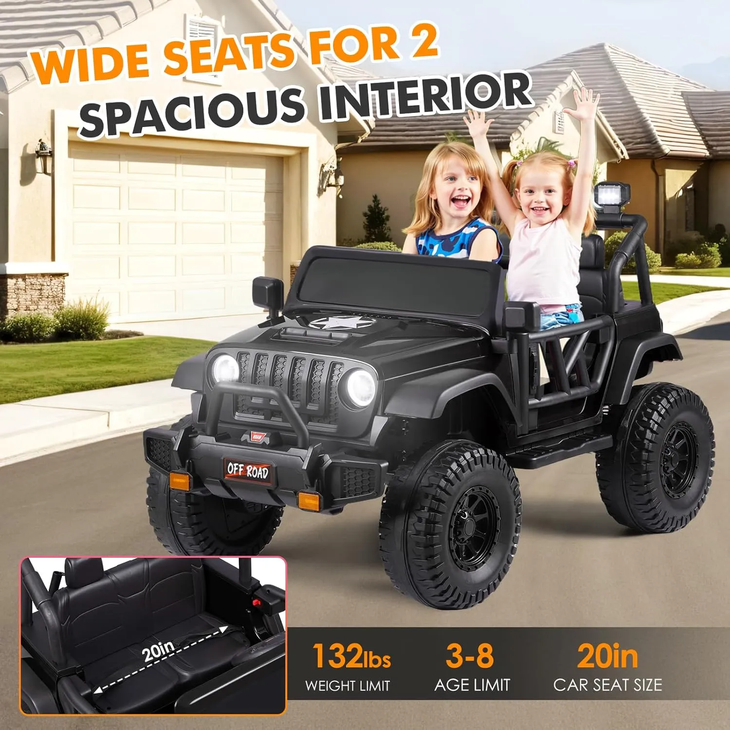 24V Electric Ride On Car -6.0mph Ride on Off-Road Trunk Toy with Full LED Light/Music, Dual Pedals, 3 Speeds, Parent Remote Control - Safe 132 Lbs Capacity Gift for Boys & Girls Age 3-8 Years