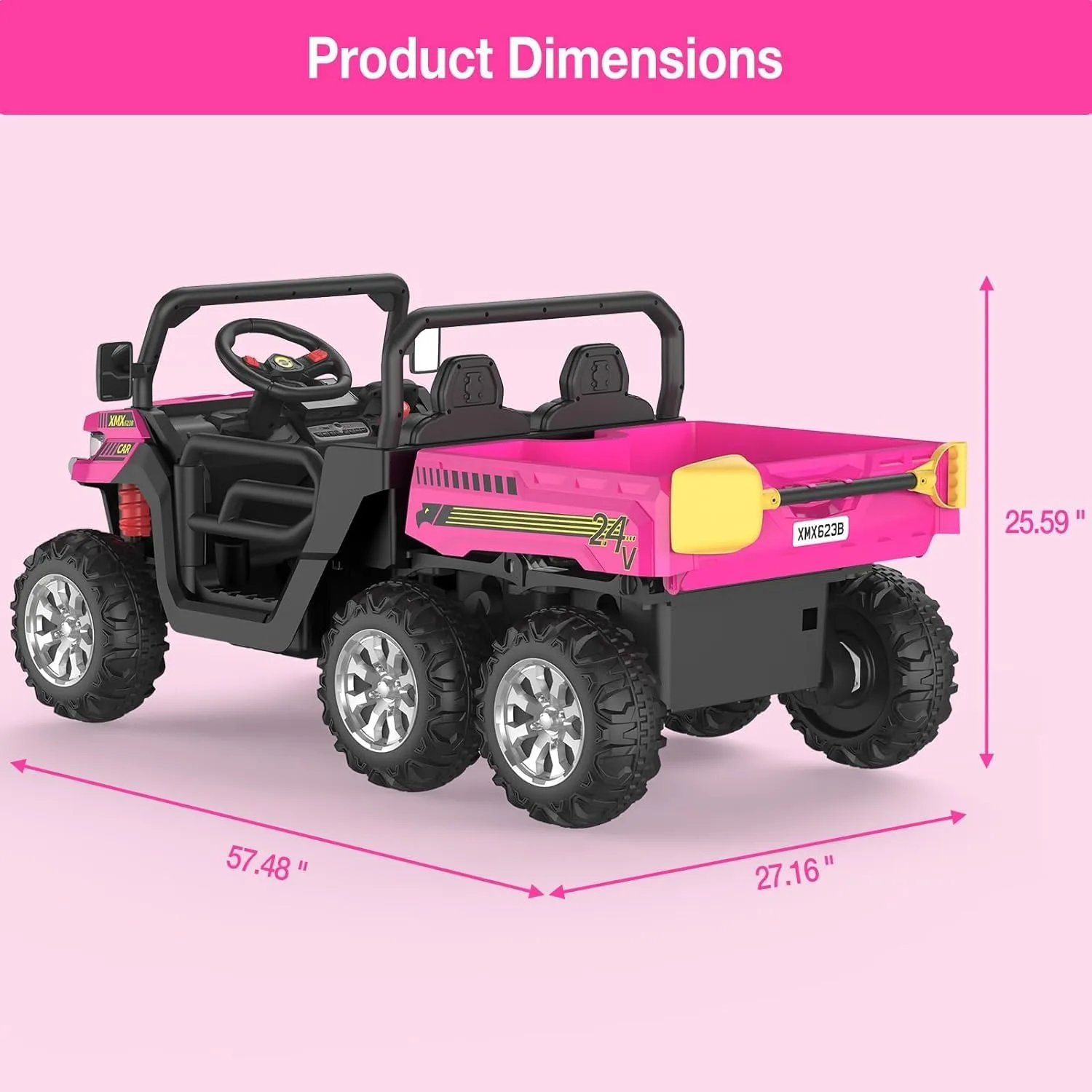 24V Kids Electric Dump Truck Car, 2 Seaters Ride On Car for Kids, Battery Powered, 4x75W Motors, Shovel, Led Light, 4WD Power Wheel with 6 Wheel Ride On Toys for Boys & Girls (Pink)