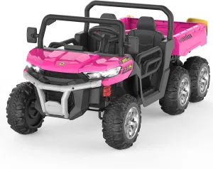 24V Kids Electric Dump Truck Car, 2 Seaters Ride On Car for Kids, Battery Powered, 4x75W Motors, Shovel, Led Light, 4WD Power Wheel with 6 Wheel Ride On Toys for Boys & Girls (Pink)