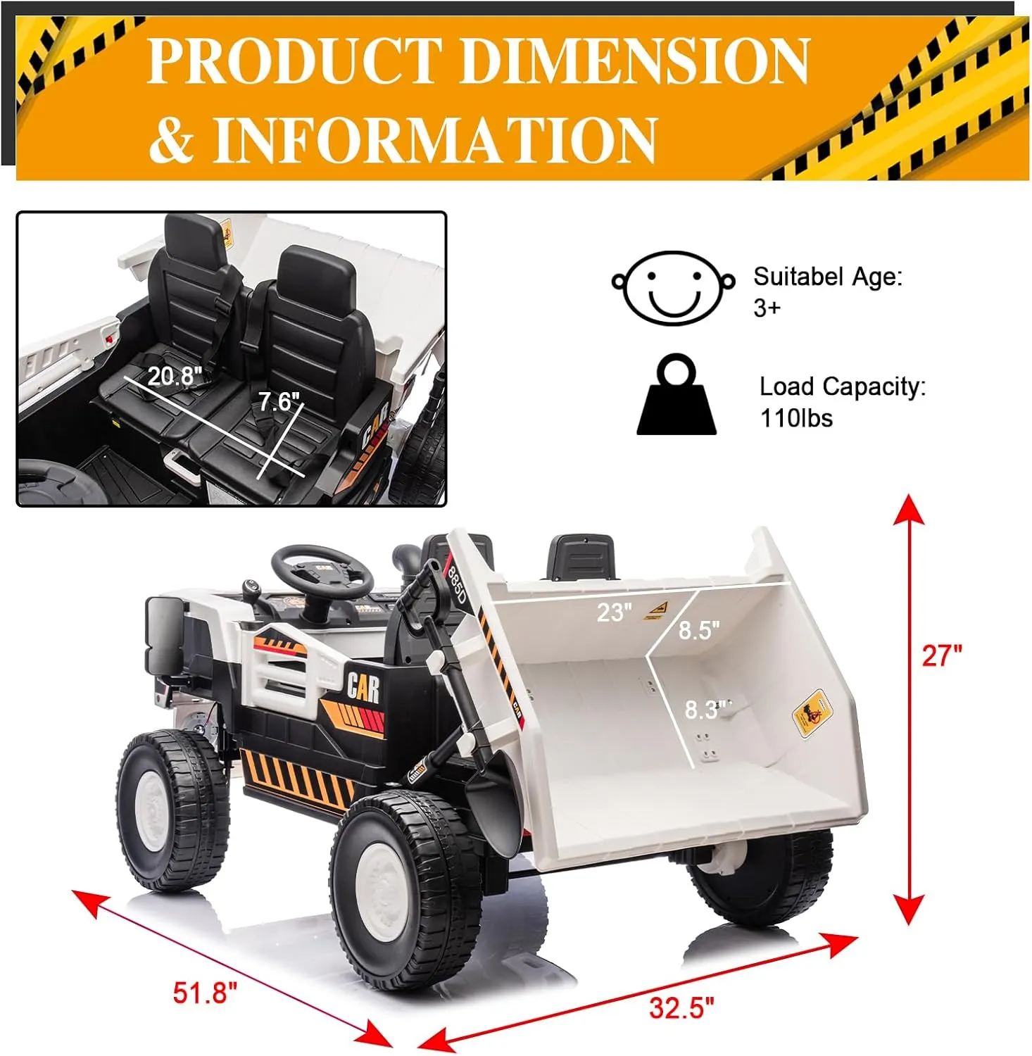 24V Ride on Toys for Big Kids 2 Seater,4X75W Ride on Construction Vehicles Powerful Motors Up to 5Mph, Ride on Dump Truck,4WD Kids Car with Remote Control, Electric Dump Bed and Shovel White