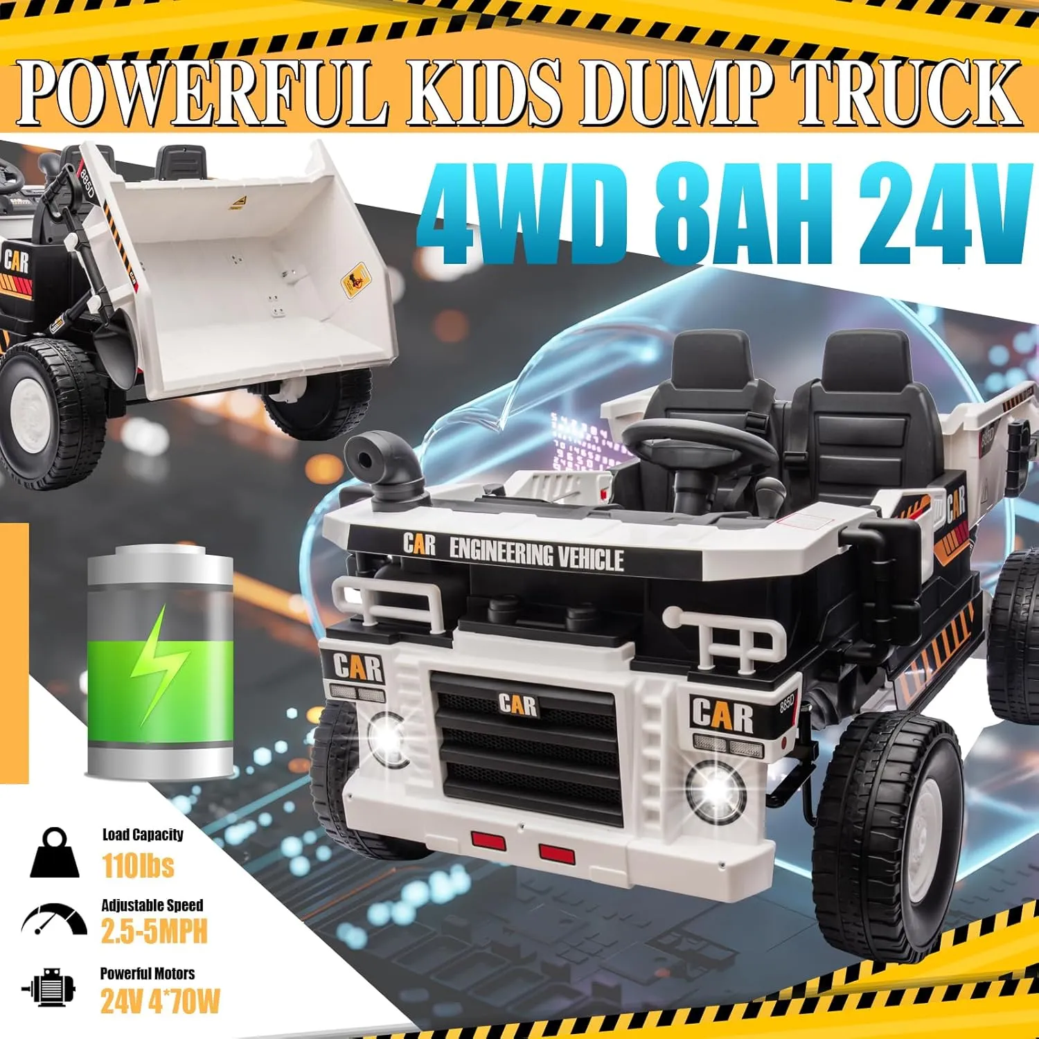 24V Ride on Toys for Big Kids 2 Seater,4X75W Ride on Construction Vehicles Powerful Motors Up to 5Mph, Ride on Dump Truck,4WD Kids Car with Remote Control, Electric Dump Bed and Shovel White