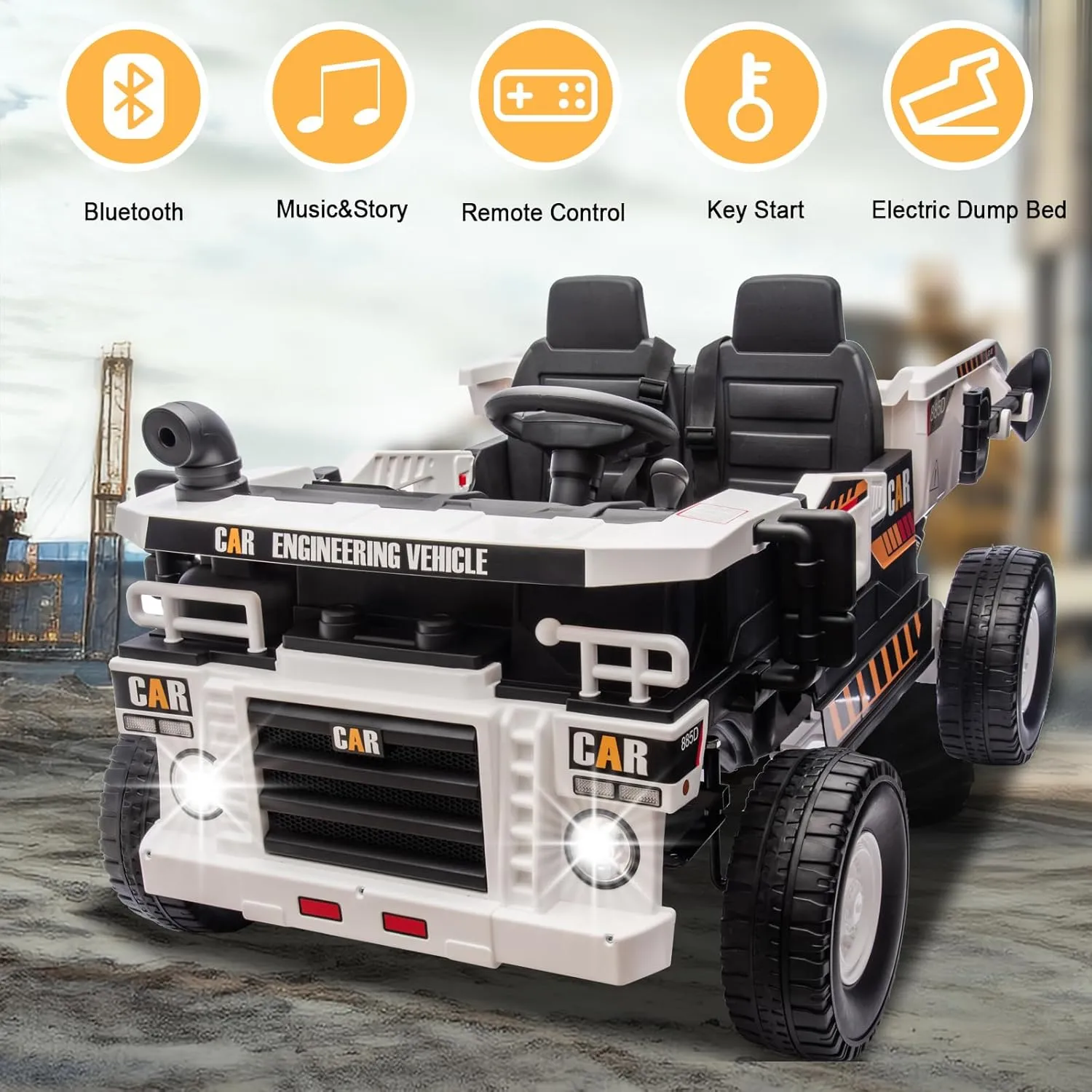 24V Ride on Toys for Big Kids 2 Seater,4X75W Ride on Construction Vehicles Powerful Motors Up to 5Mph, Ride on Dump Truck,4WD Kids Car with Remote Control, Electric Dump Bed and Shovel White