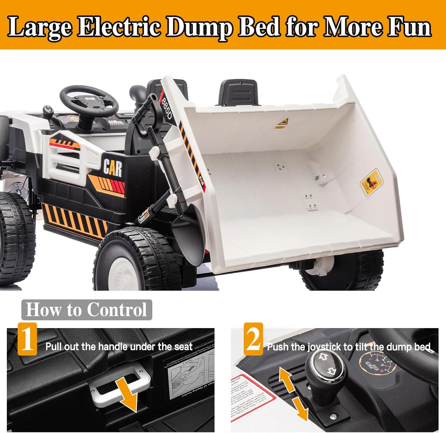 24V Ride on Toys for Big Kids 2 Seater,4X75W Ride on Construction Vehicles Powerful Motors Up to 5Mph, Ride on Dump Truck,4WD Kids Car with Remote Control, Electric Dump Bed and Shovel White
