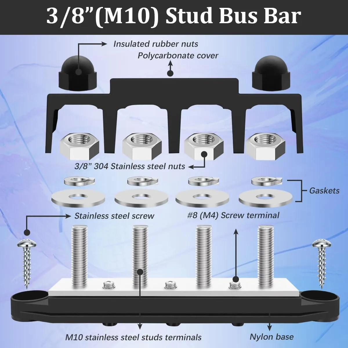 250A 12V Bus Bar Marine Power Distribution Block with Cover with 4 x 3/8”Post 3 x #8 Screws Terminals,Battery Bus Bar (Pair,Red & Black),Automotive Busbars 12 Volt for Car Boat Solar Wiring