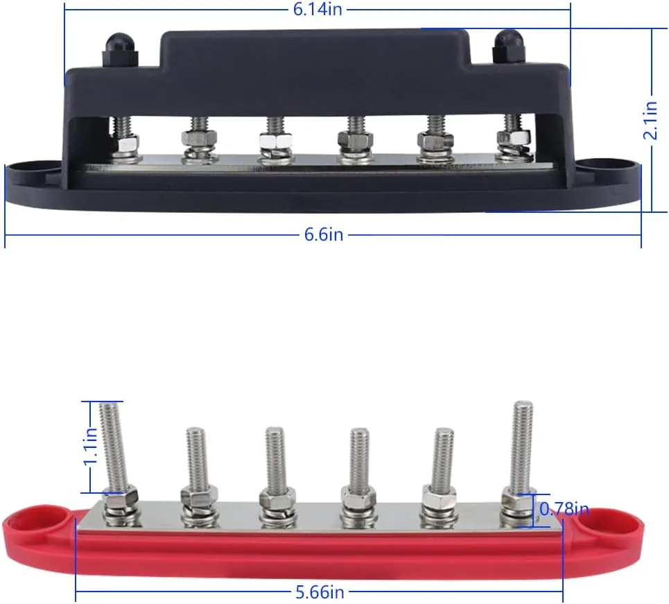 250A 12V Marine Bus Bar Power Distribution Block, 1/4" M6 Car Busbar Battery Stud, Positive Negative Vehicle Terminal Block Accessories, Universal for RV Automotive Solar System (Black)