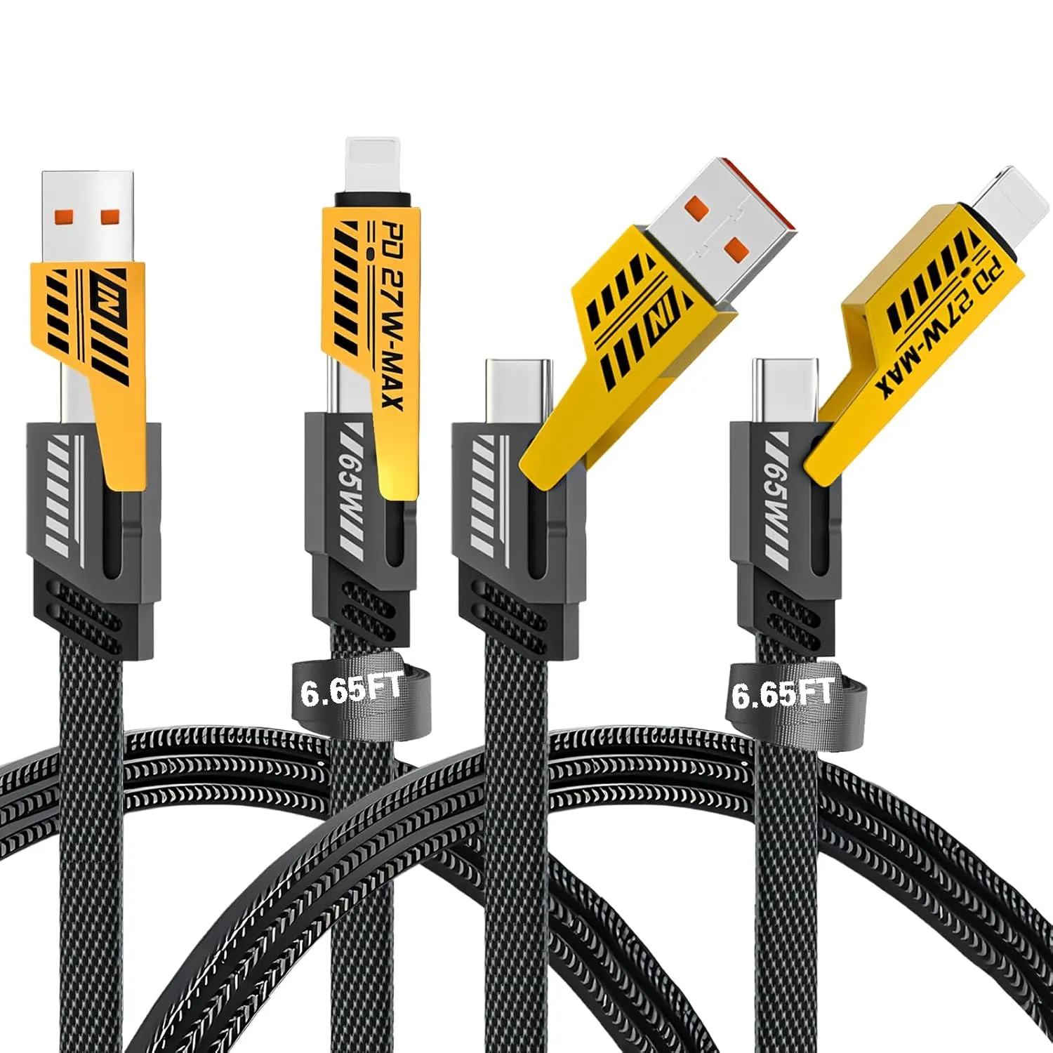 2Pack 4 in 1 Fast Charging Cable, Transferring Data, 6.65 Ft, Braided Cable 65W, USB C USB A and IP, Multiple Charging Cable for Phone/Pad/More