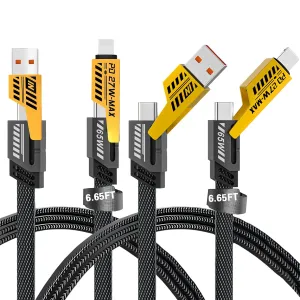2Pack 4 in 1 Fast Charging Cable, Transferring Data, 6.65 Ft, Braided Cable 65W, USB C USB A and IP, Multiple Charging Cable for Phone/Pad/More