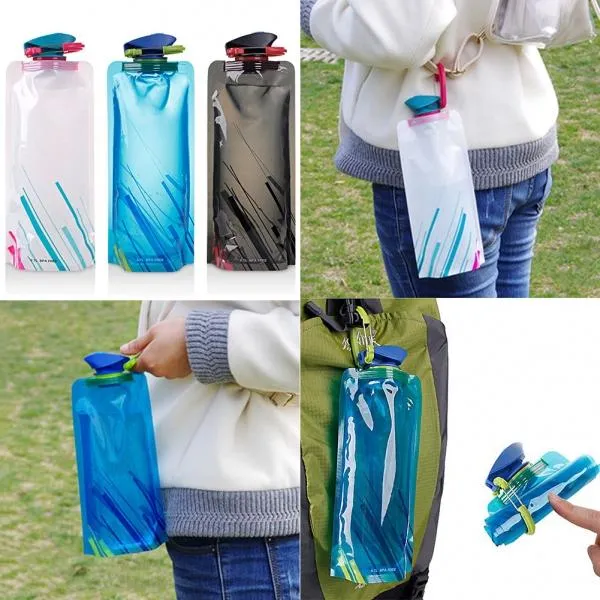 2pcs 0.7L Reusable Portable Collapsible Water Bottle Kettle with Clip for Biking Hiking Travel - Color Random