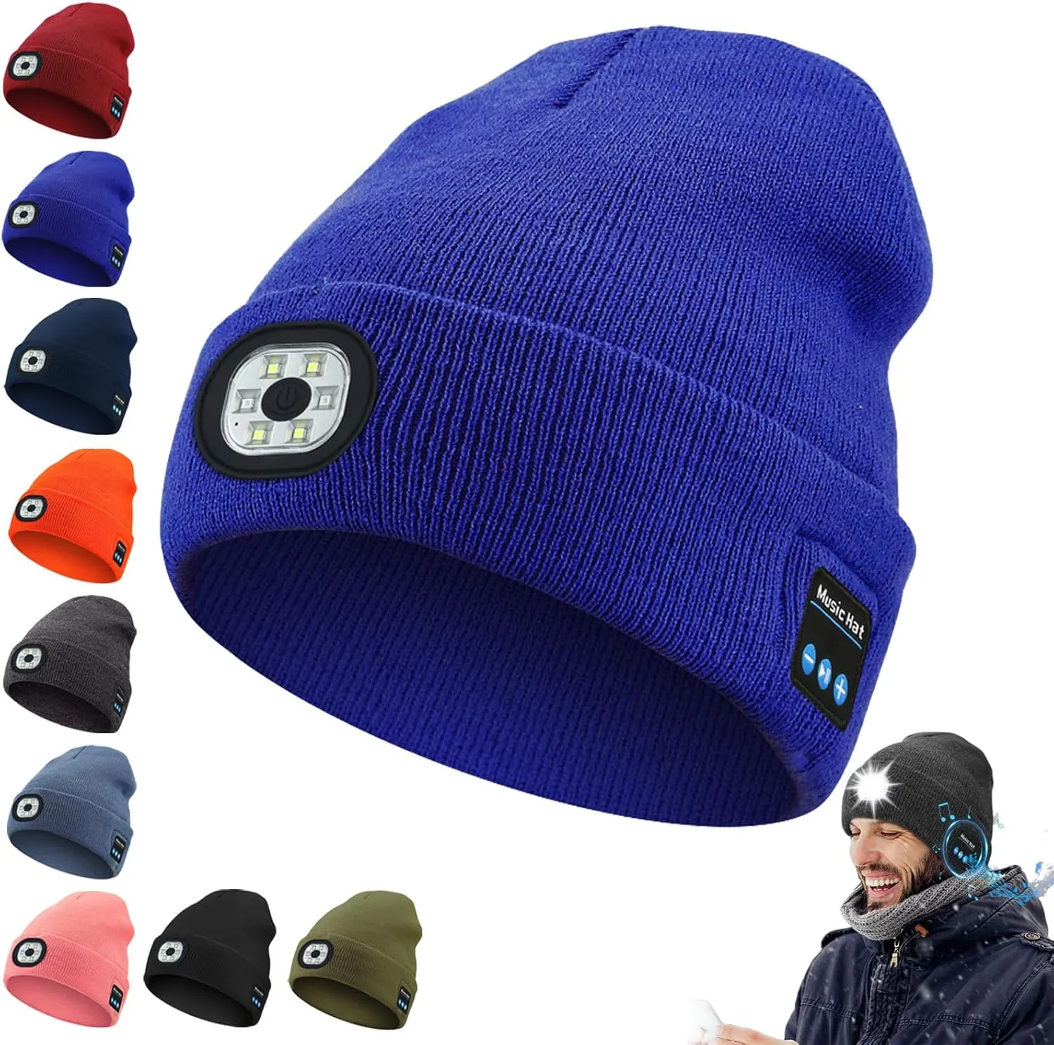 3-in-1 Function Bluetooth Beanie, Bluetooth Beanie with Light, Unisex 6 LED USB Rechargeable with Cordless Headphones