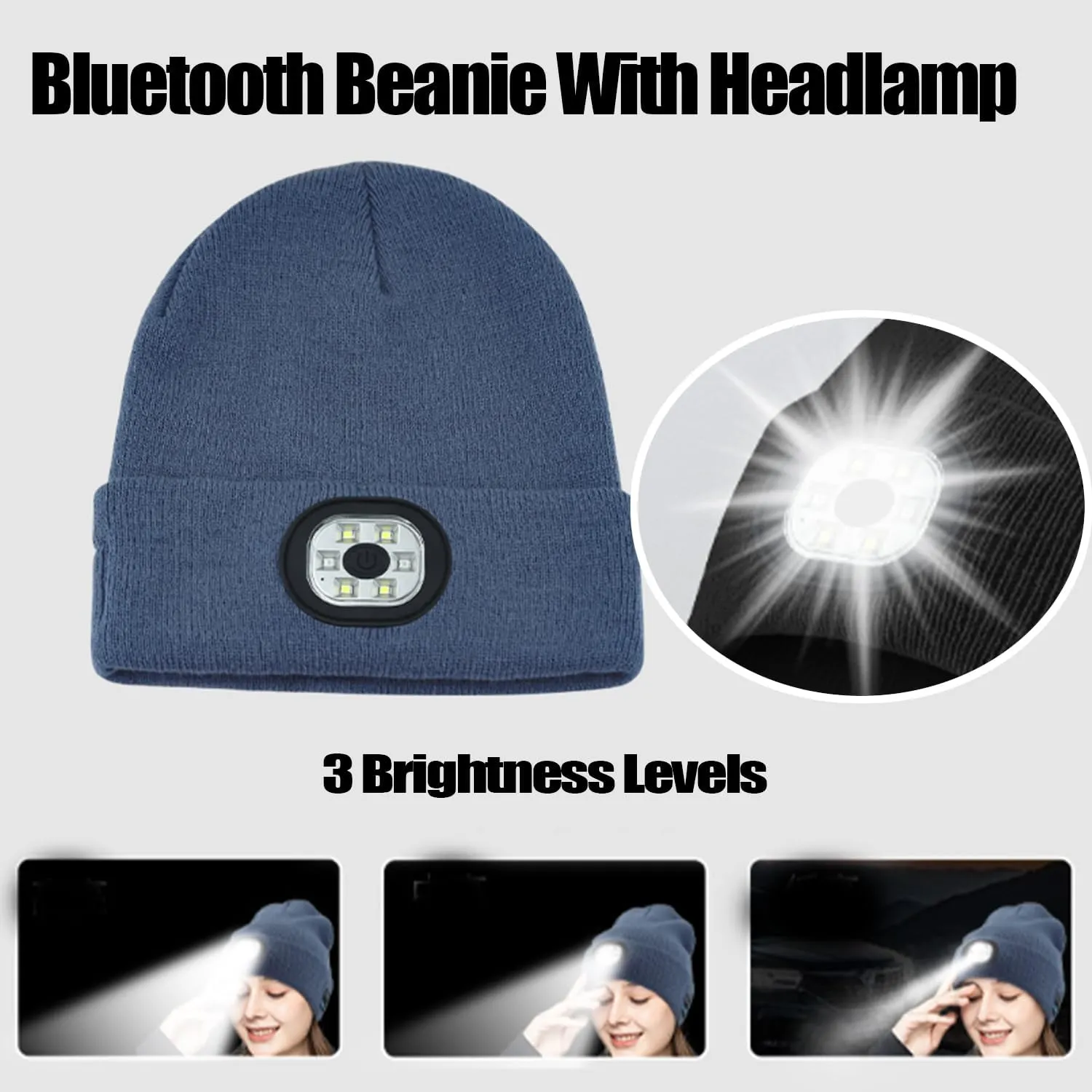 3-in-1 Function Bluetooth Beanie, Bluetooth Beanie with Light, Unisex 6 LED USB Rechargeable with Cordless Headphones
