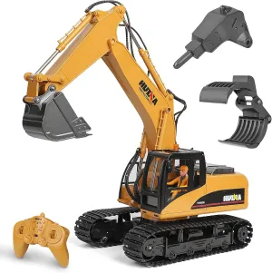 3 in 1 Remote Control Excavator Toy 1/14 Scale RC Excavator for Adults, 15 Channel Upgrade Full Functional Construction Vehicles with Tools Metal Breaker and Electric Gripper(Yellow/Black)