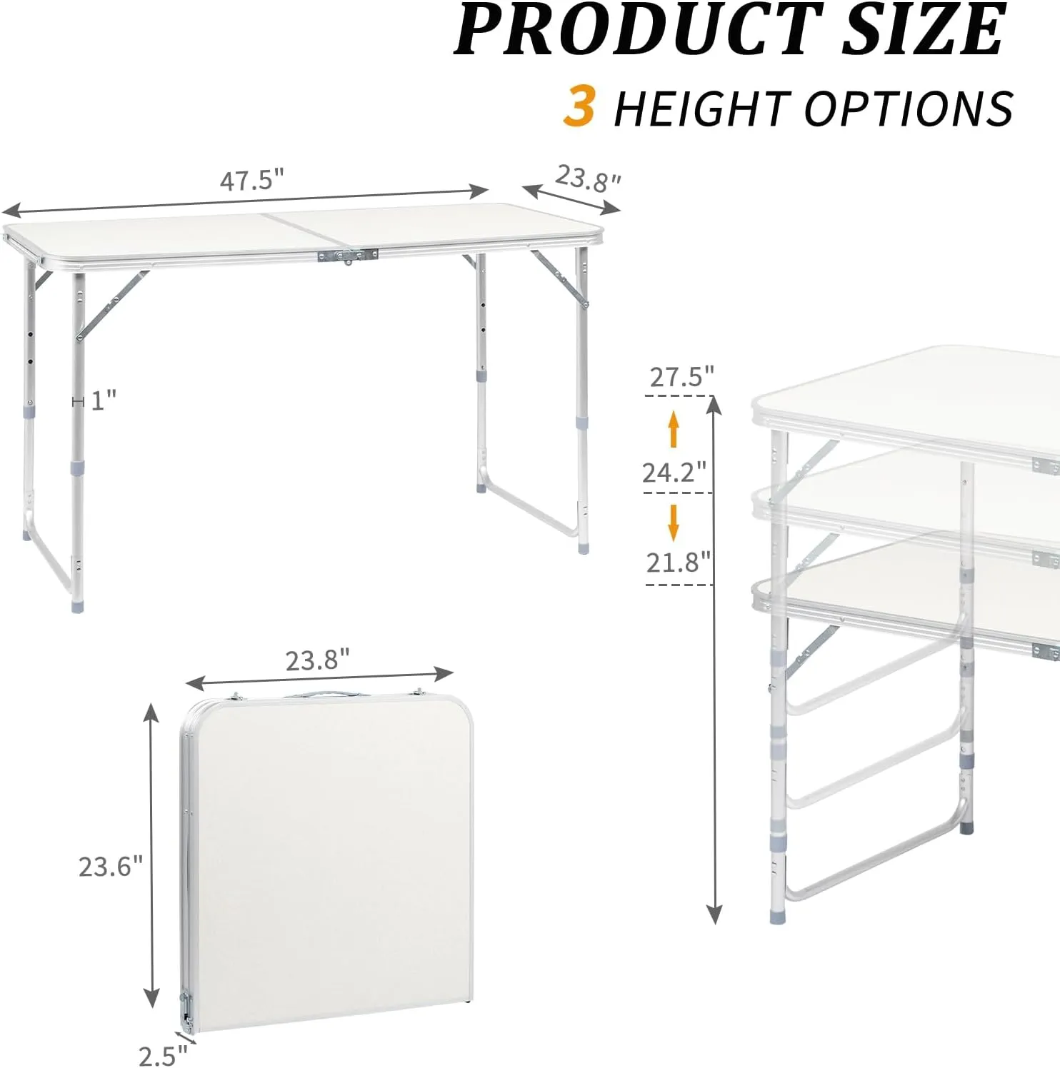 3.0 Ft Folding Portable Camping Table with Adjustable Height Aluminum Legs for Kitchen, BBQ, Dining, Picnic, Cooking, Beach, Garden, Party, Traval, Party, 4-6 People