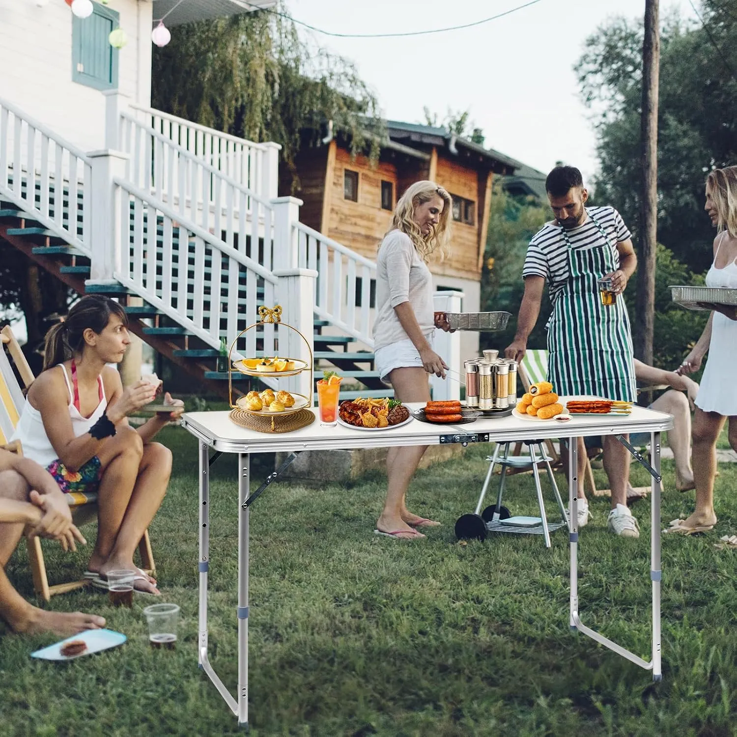 3.0 Ft Folding Portable Camping Table with Adjustable Height Aluminum Legs for Kitchen, BBQ, Dining, Picnic, Cooking, Beach, Garden, Party, Traval, Party, 4-6 People