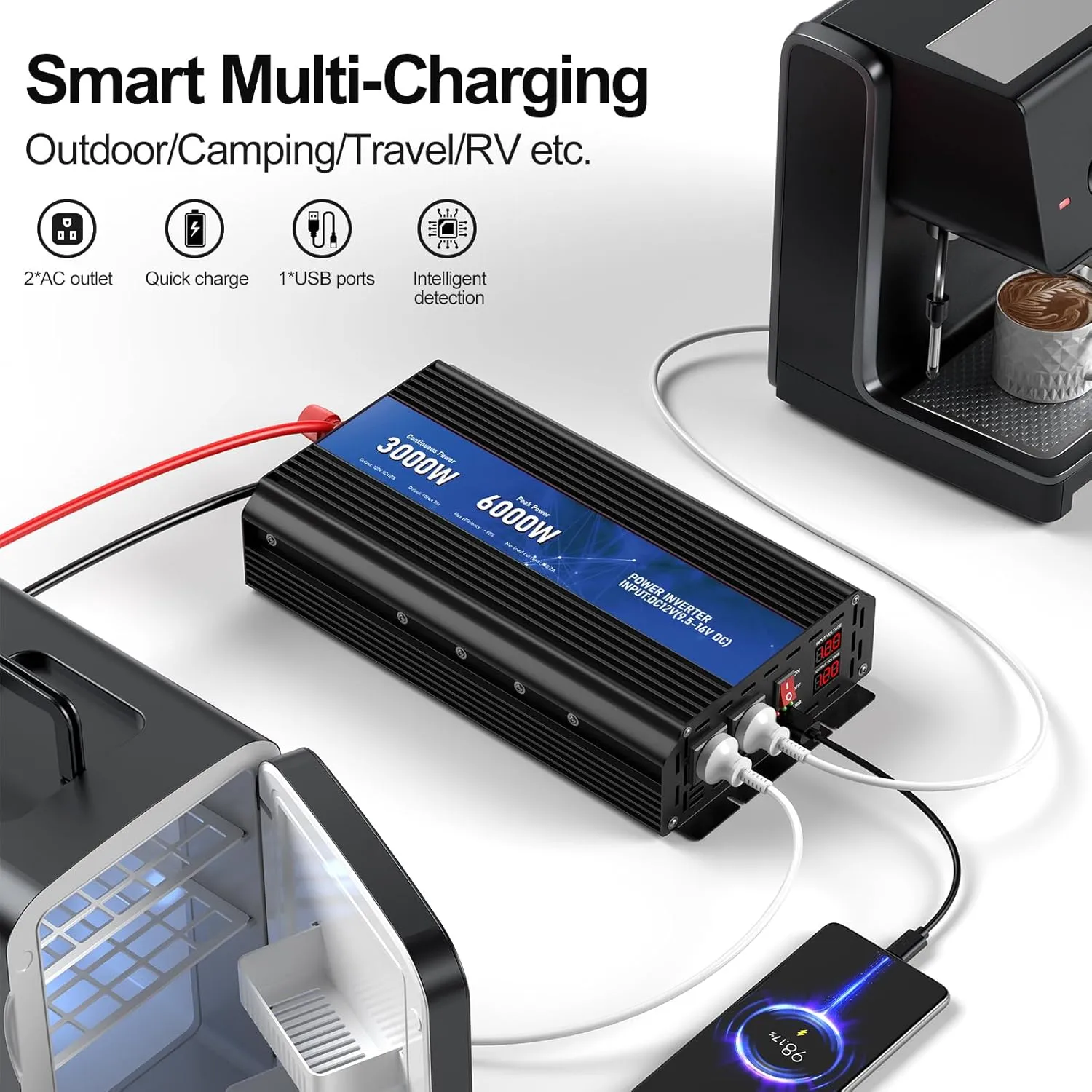 3000W Power Inverter,12V DC to AC 110V120V Peak Power 6000W with 2AC Outlets and 2.4USB Port,LCD Display Car Inverter for Outdoor Activities,Emergency