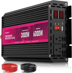3000W Power Inverter,12V DC to AC 110V120V Peak Power 6000W with 2AC Outlets and 2.4USB Port,LCD Display Car Inverter for Outdoor Activities,Emergency