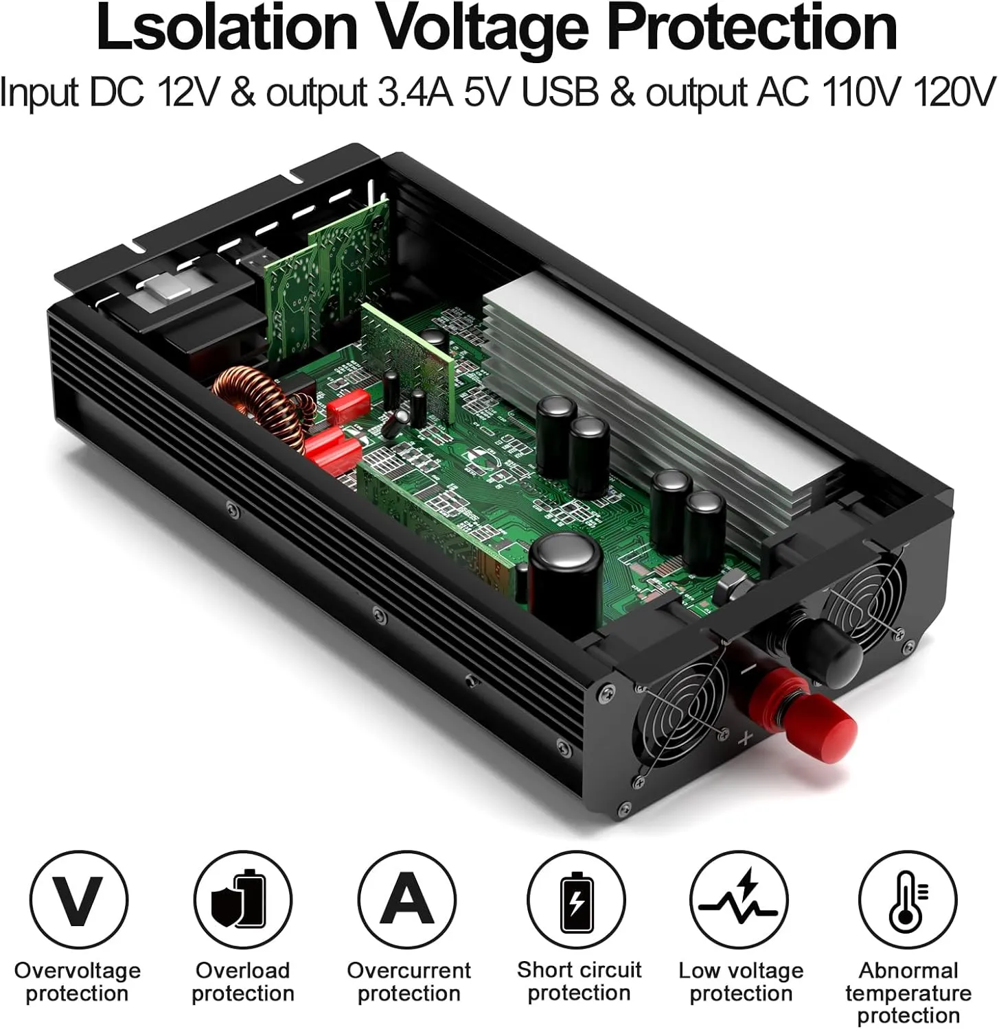 3000W Power Inverter,12V DC to AC 110V120V Peak Power 6000W with 2AC Outlets and 2.4USB Port,LCD Display Car Inverter for Outdoor Activities,Emergency