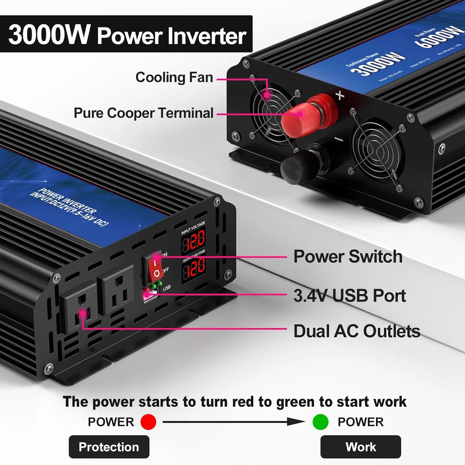 3000W Power Inverter,12V DC to AC 110V120V Peak Power 6000W with 2AC Outlets and 2.4USB Port,LCD Display Car Inverter for Outdoor Activities,Emergency