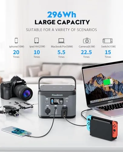 300W Portable Power Station,Powdeom 296Wh Power Bank w/ AC Outlet