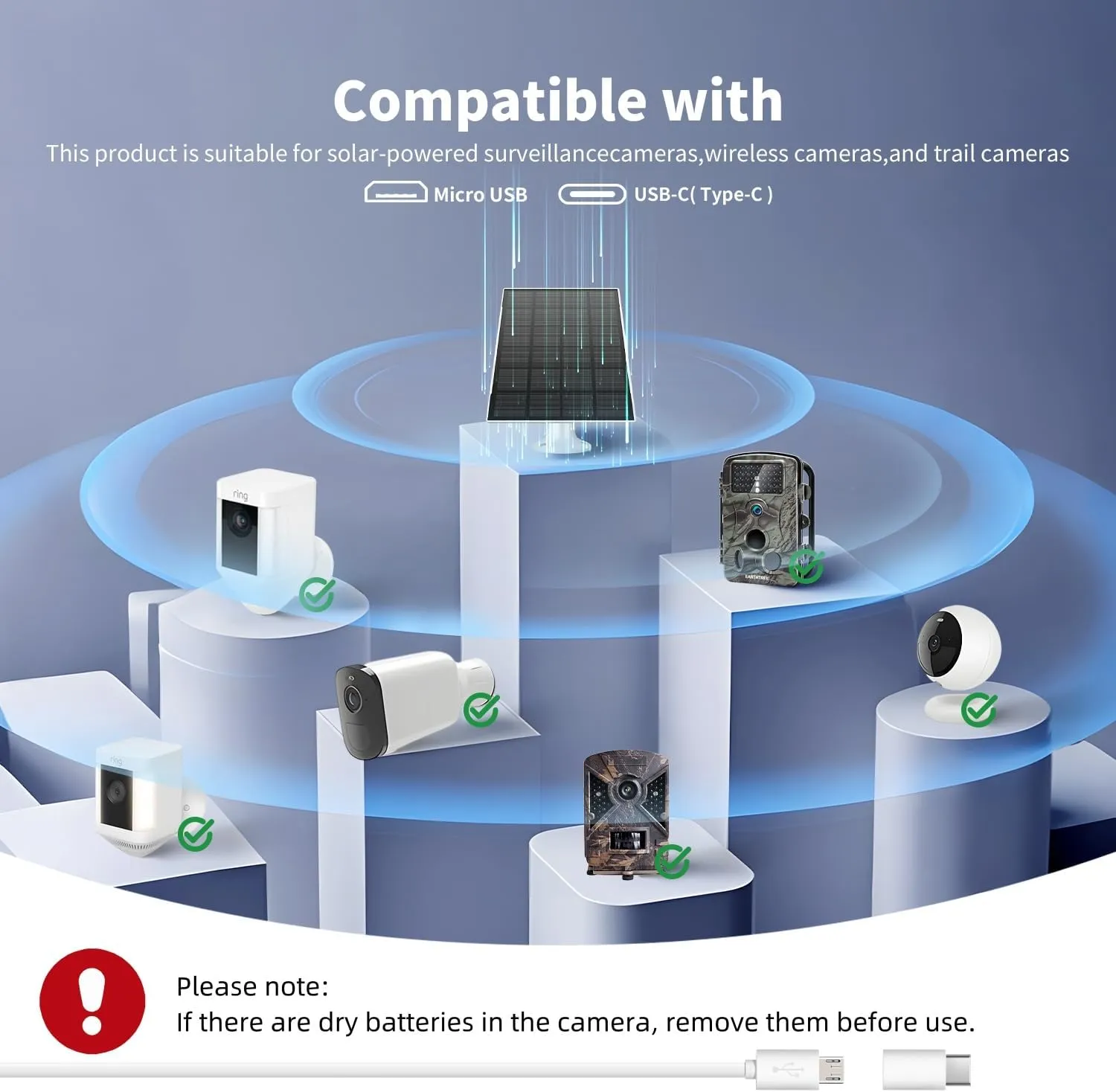 3w Solar Panel for Outdoor Wireless Security Cameras,Built-in Rechargeable 6000mAh Battery,Designed for Cameras 5V Micro USB & USB-C Compatible Charging, IP66 Waterproof, 10ft Long Cable