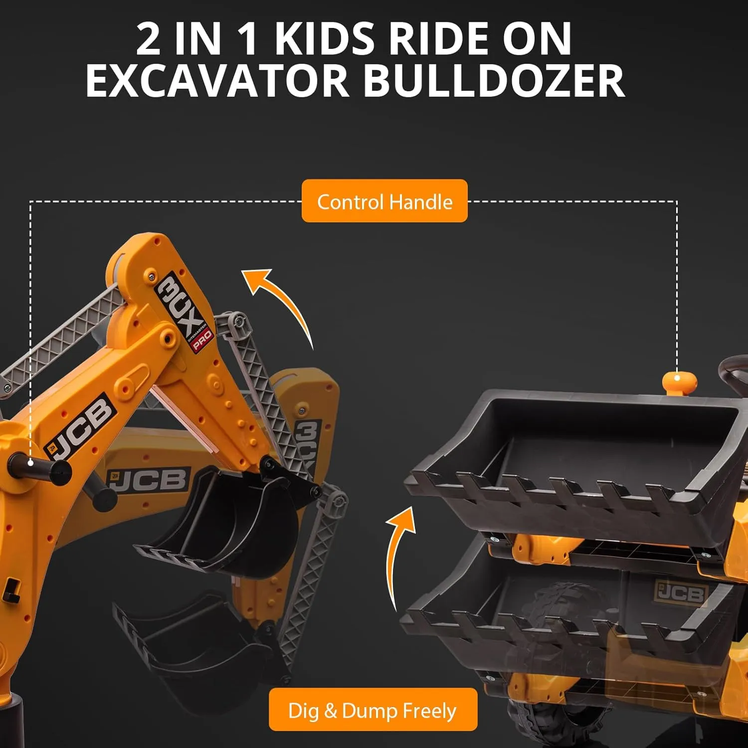 4 in 1 Ride on Excavator, 12V Licensed JCB Excavator Ride on Toy with Remote Control, Front Loader, Horn and EVA Tires, 4 Transformable Forms Kids Excavator Digger, Yellow