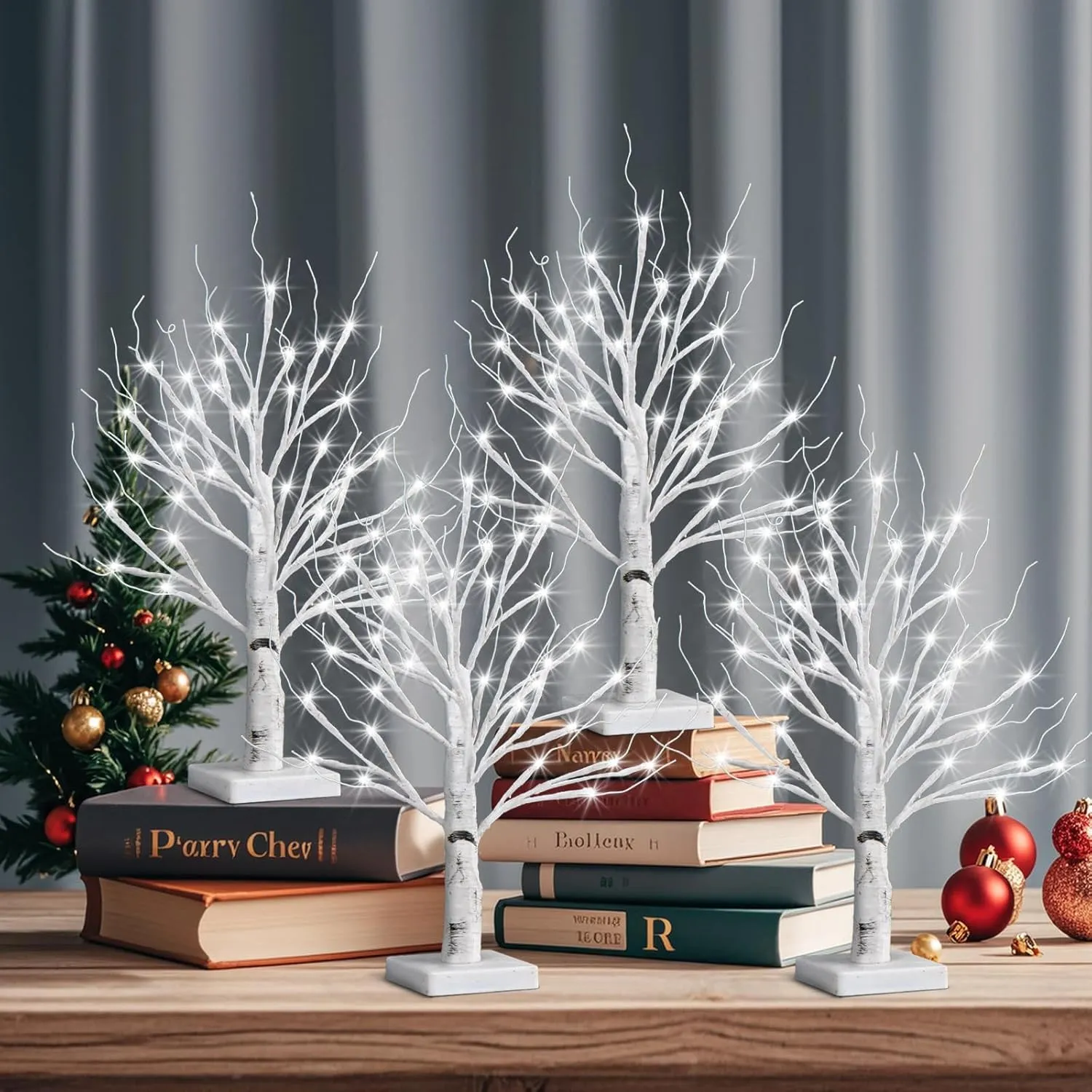 4pcs 36LED Lighted Birch Tree Home Decor - White Birch Tree with Lights Money Tree Wedding Centerpieces Artificial Branches Table (White)