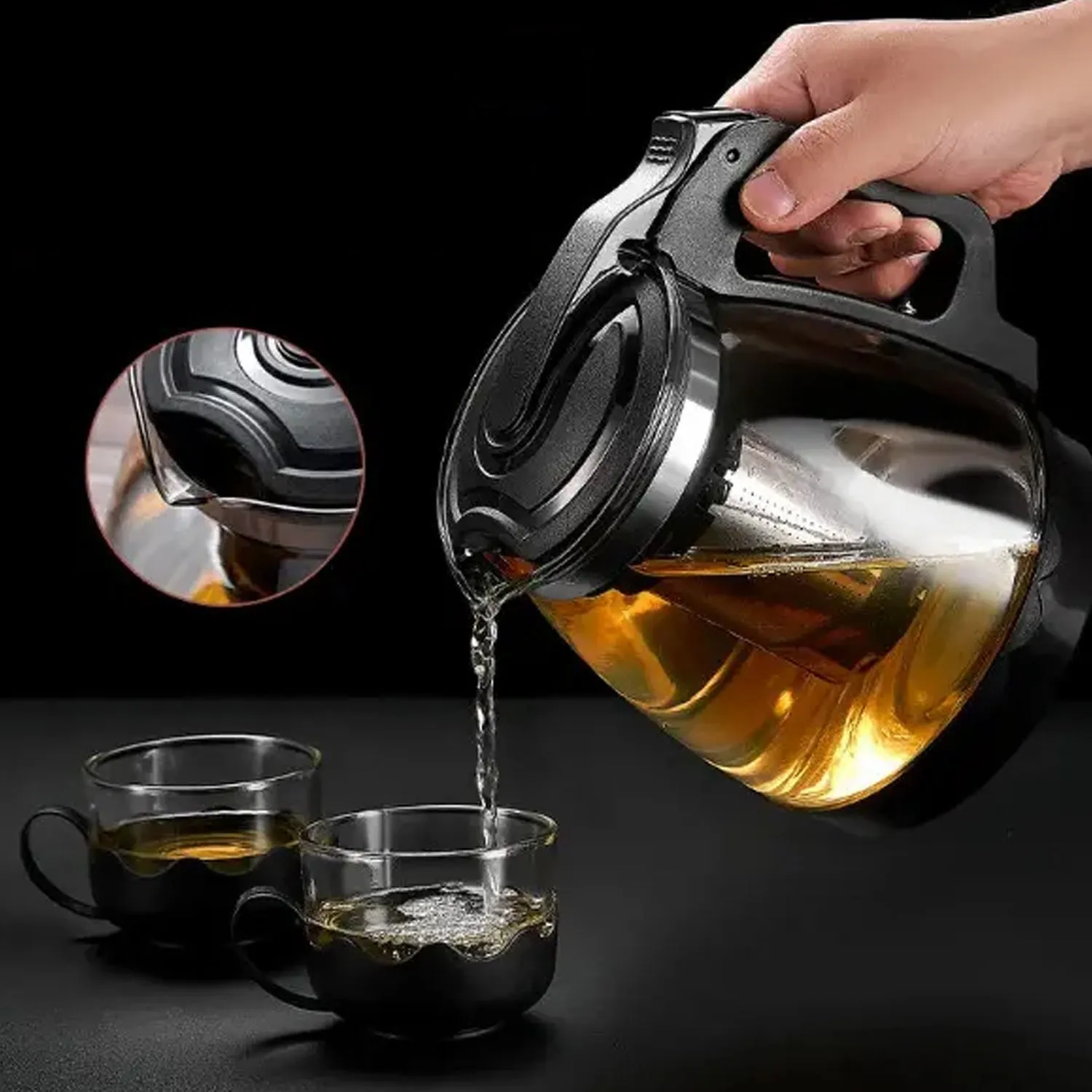 5886 Flame Proof Glass Kettle & Cup  Set With Stainer High Quality Kettle Set For Home & Cafe Use  (4 Cup & 1 Kettle)