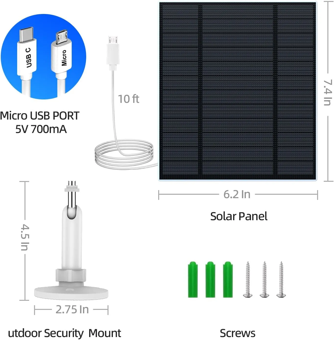 5W Solar Panels for Security Camera, Solar Panel with Micro USB & USB-C Port for DC 5V Outdoor Rechargeable Battery Camera, IP65 Waterproof, 360° Adjustable Security Mount, 9.8ft Cable（1PC）