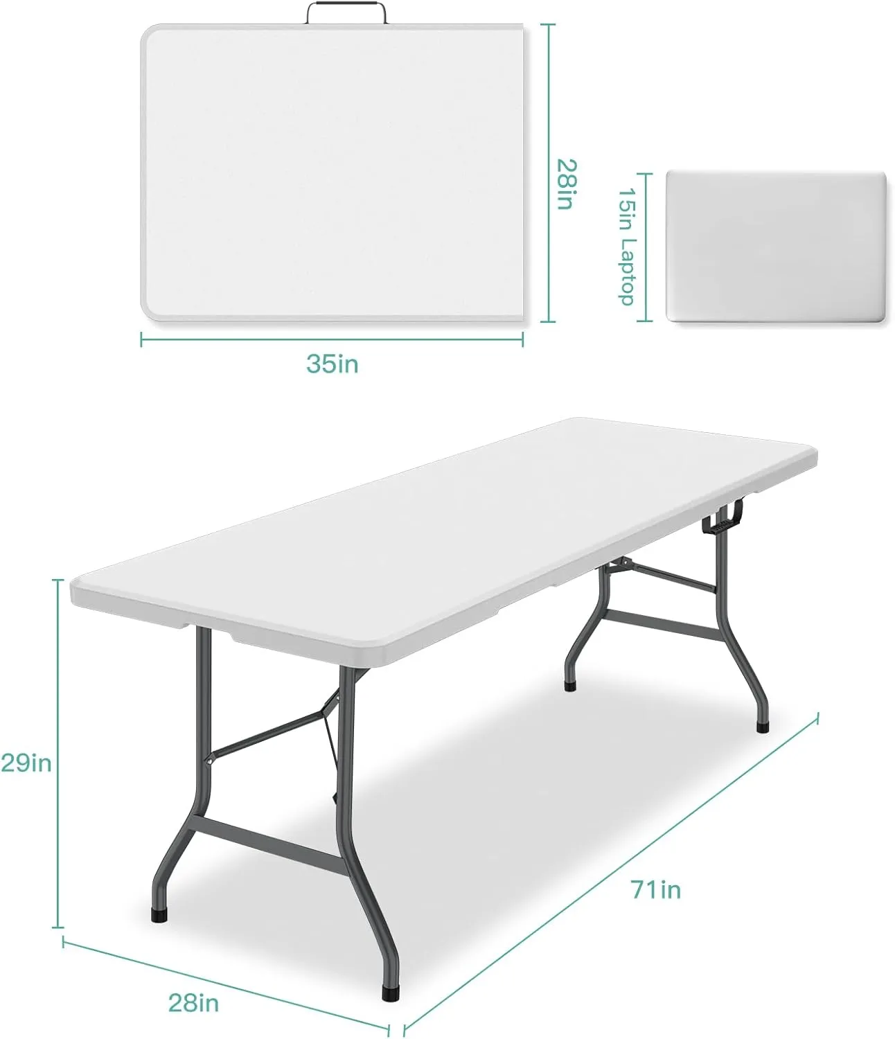 6 ft Folding Table, Foldable Dining Table, White Plastic Table, Lightweight Portable Table, Industrial Workbench for Indoor Outdoor, Picnic, Camping, Board Game with Handle, Locks - White