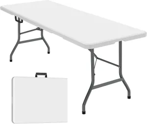 6 ft Folding Table, Foldable Dining Table, White Plastic Table, Lightweight Portable Table, Industrial Workbench for Indoor Outdoor, Picnic, Camping, Board Game with Handle, Locks - White