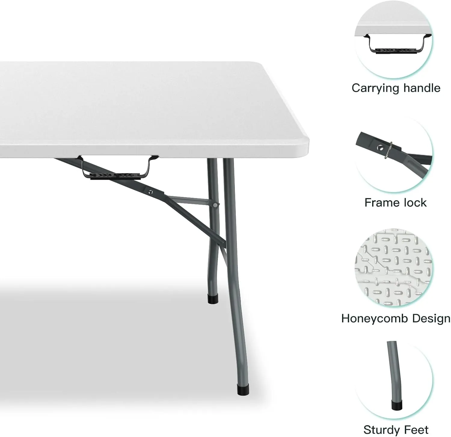 6 ft Folding Table, Foldable Dining Table, White Plastic Table, Lightweight Portable Table, Industrial Workbench for Indoor Outdoor, Picnic, Camping, Board Game with Handle, Locks - White