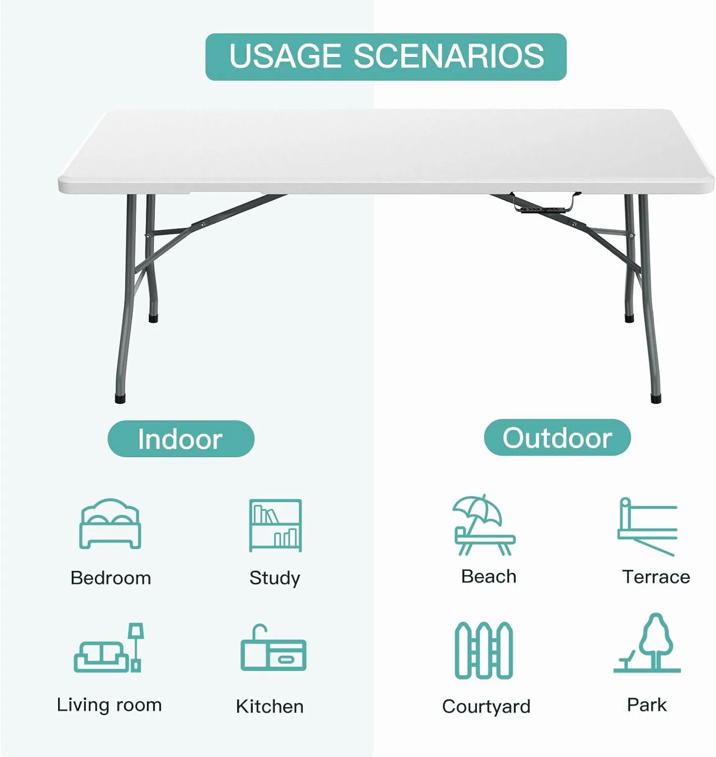 6 ft Folding Table, Foldable Dining Table, White Plastic Table, Lightweight Portable Table, Industrial Workbench for Indoor Outdoor, Picnic, Camping, Board Game with Handle, Locks - White