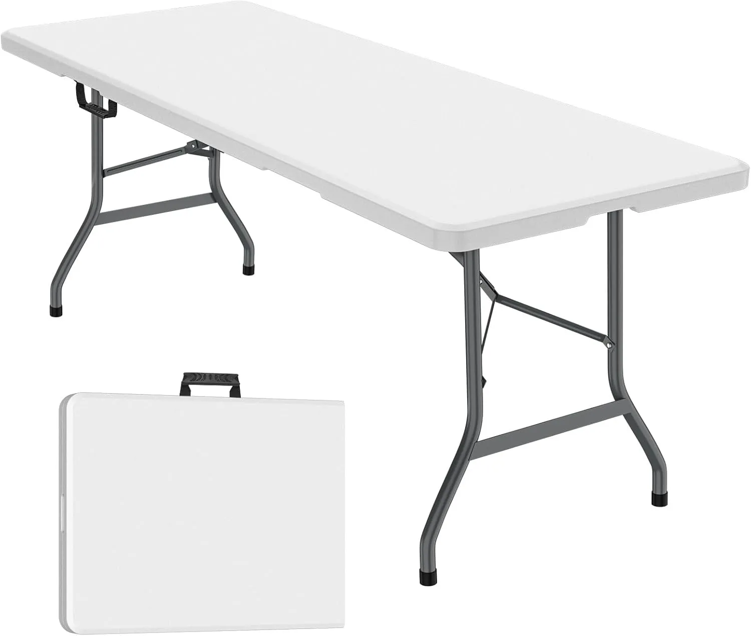 6 ft Folding Table, Foldable Dining Table, White Plastic Table, Lightweight Portable Table, Industrial Workbench for Indoor Outdoor, Picnic, Camping, Board Game with Handle, Locks - White