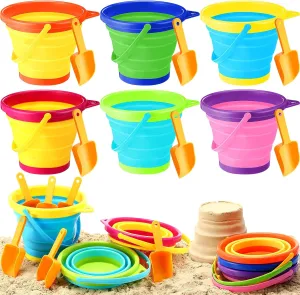 6 Pcs Summer Foldable Pail Bucket with Shovels 2.5 L Collapsible Sand Bucket Foldable Beach Toys Multipurpose Colorful Beach Bucket for Beach Party Outdoor Activity (Multicolor)