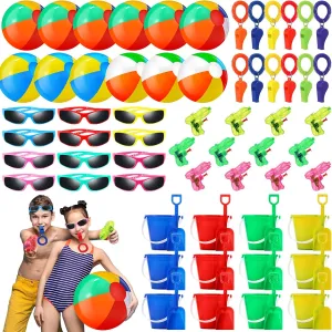 60 Pcs End of Year Students Gifts Beach Summer Pool Bulk Party Favors for Kids 12 Beach Balls 12 Sunglasses 12 Sand Bucket and Shovels Set 12 Mini Water Squirts 12 Whistles