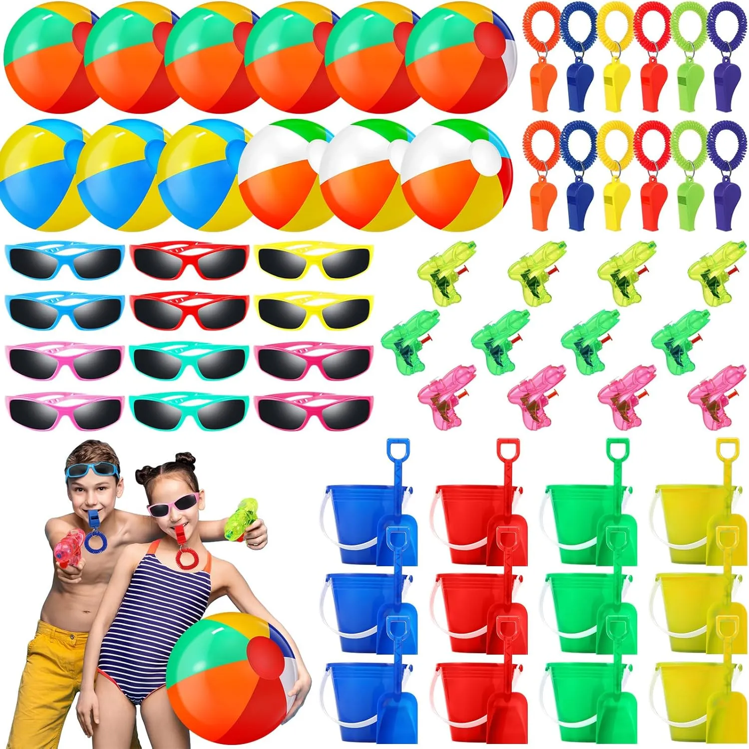 60 Pcs End of Year Students Gifts Beach Summer Pool Bulk Party Favors for Kids 12 Beach Balls 12 Sunglasses 12 Sand Bucket and Shovels Set 12 Mini Water Squirts 12 Whistles