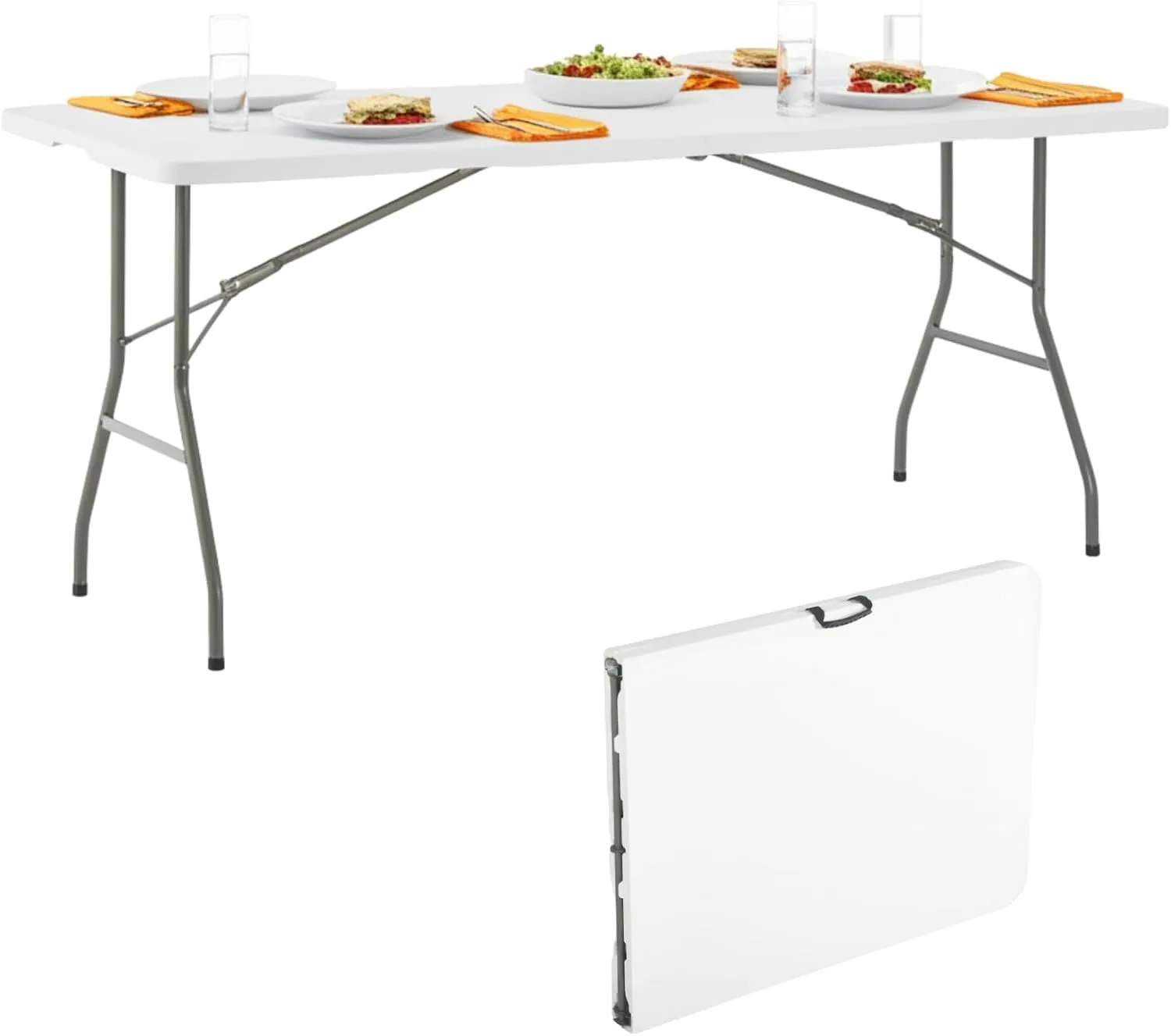 6FT Plastic Folding Table Adjustable Height, Heavy Duty Portable Utility Table with Handle, for Indoor Outdoor Use, Picnic, Camping, Dining, Wedding, Party, Event Display，White