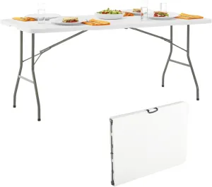 6FT Plastic Folding Table Adjustable Height, Heavy Duty Portable Utility Table with Handle, for Indoor Outdoor Use, Picnic, Camping, Dining, Wedding, Party, Event Display，White