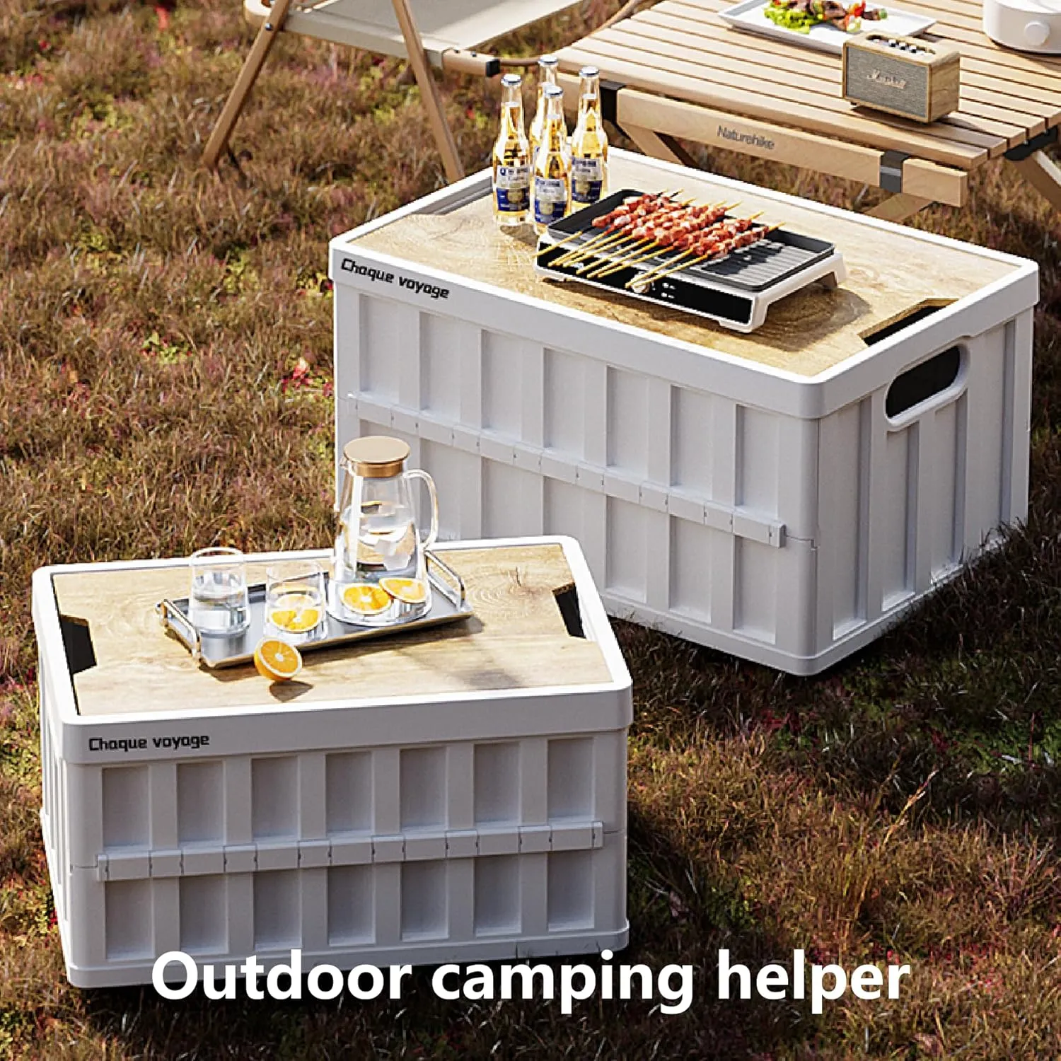 7.93-13.21 gallon large capacity camping folding box storage box organizing box, suitable for home, outdoor camping, car use - black, white, green (White stripes, 16.5x11x8.6)