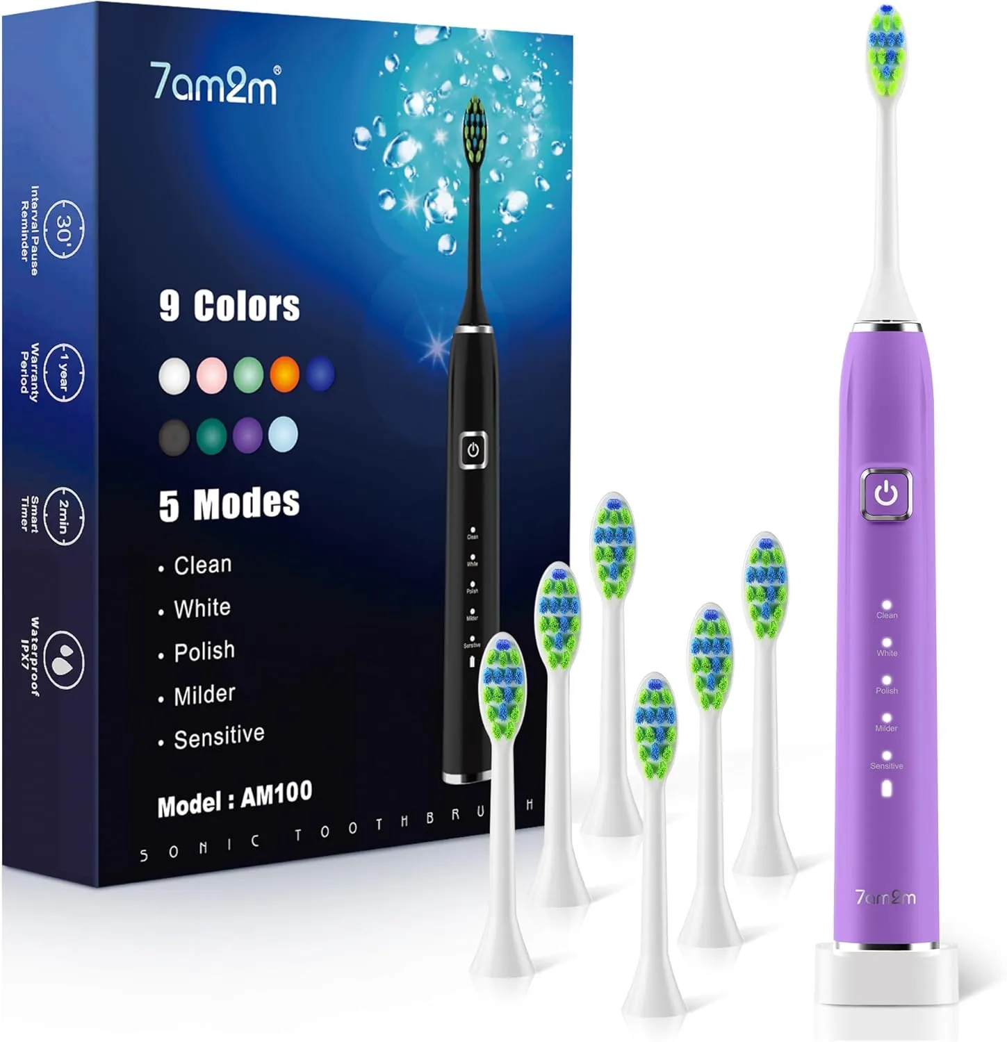 7AM2M Sonic Electric Toothbrush with 6 Brush Heads for Adults&Kids, One Charge for 120 Days, Wireless Fast Charge, 5 Modes, 40000VPM Powered Toothbrush (Purple)