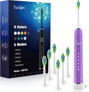 7AM2M Sonic Electric Toothbrush with 6 Brush Heads for Adults&Kids, One Charge for 120 Days, Wireless Fast Charge, 5 Modes, 40000VPM Powered Toothbrush (Purple)