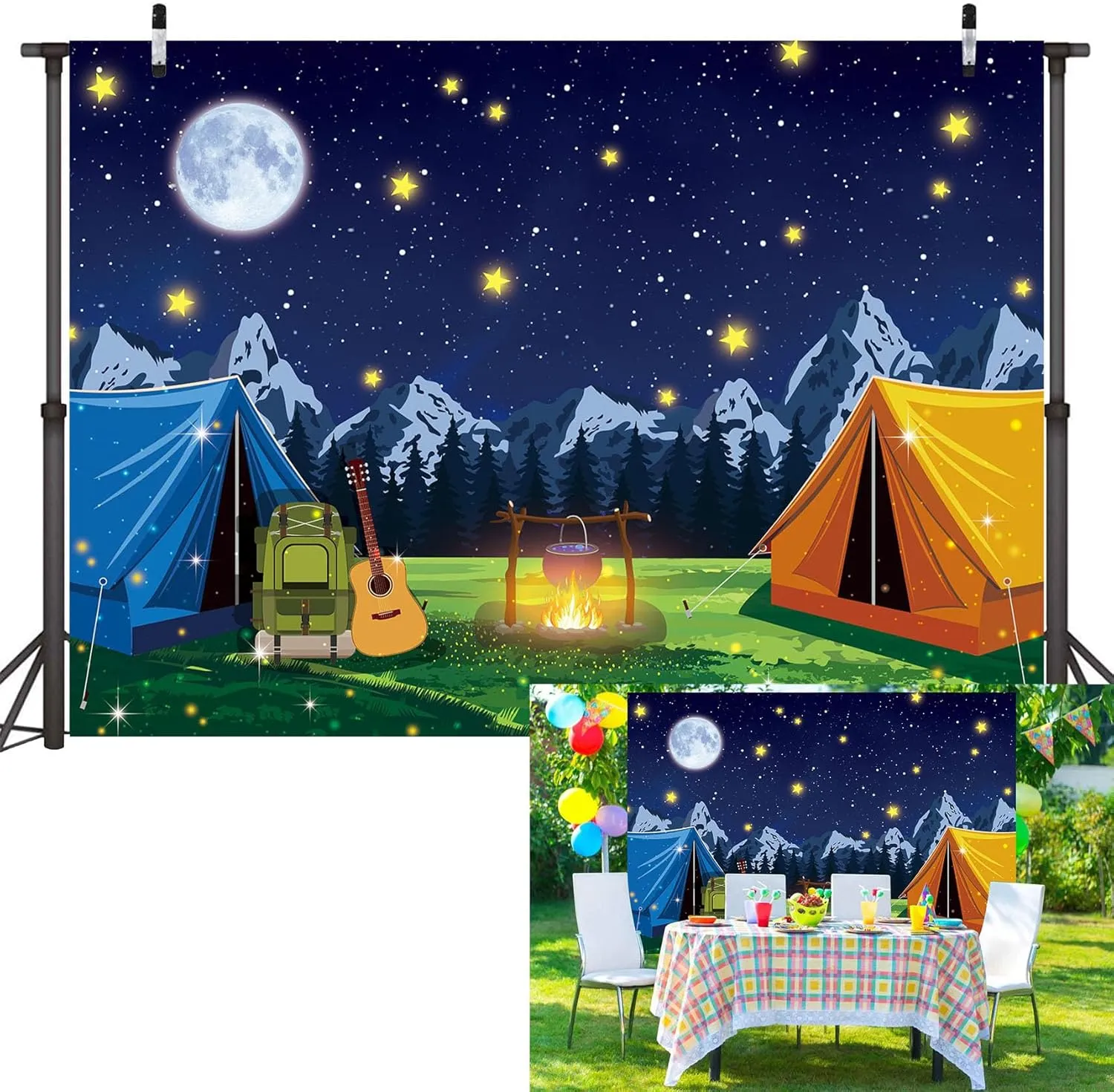 7x5FT Camping Campfire Party Backdrop Camp Bonfire Mountain Tent Background Boys Kids Teenagers Birthday Shower Classroom Outdoor Photo Shoot Banner